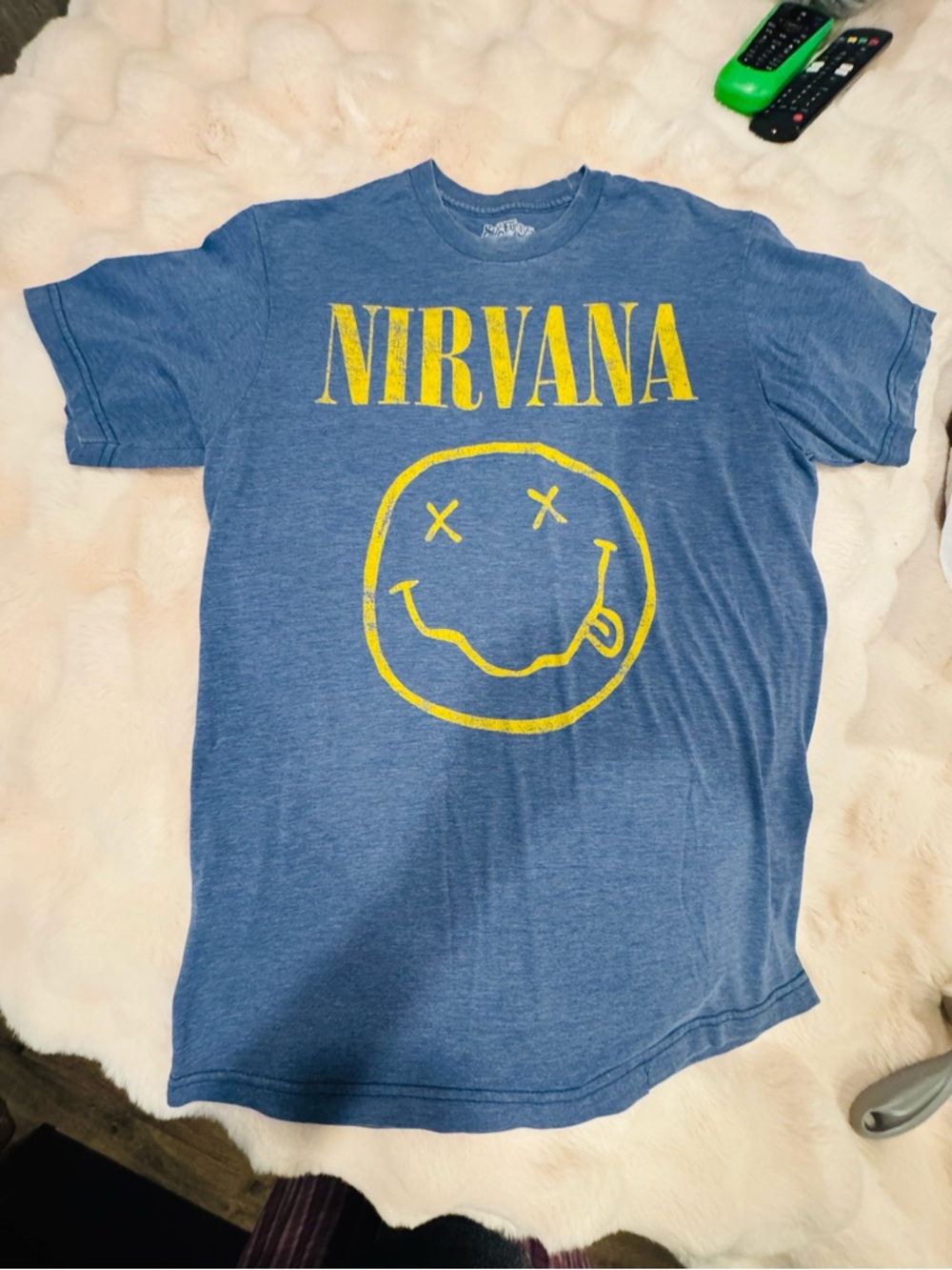 NIRVANA Blue Tee with Yellow Smiley Logo